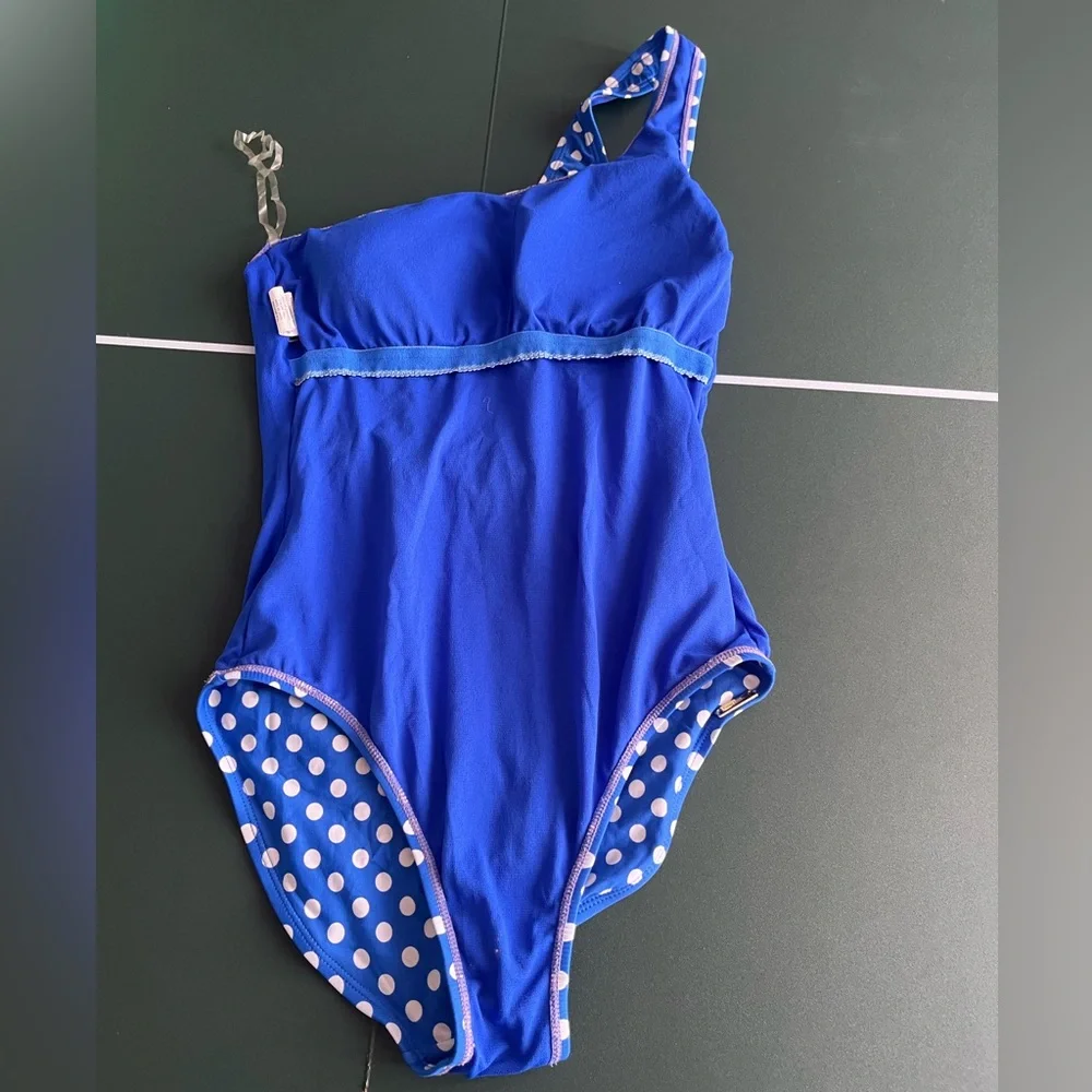 PERRY ELLIS One Piece, Off Shoulder Polka Dot Swimsuit